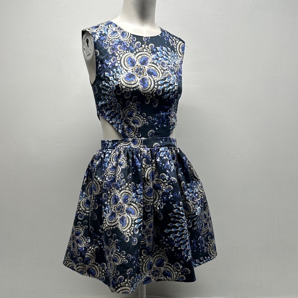 Asos Mini Dress Sleeveless Tulle Cut Out Waist Diamond Jewel Print Blue Size 4